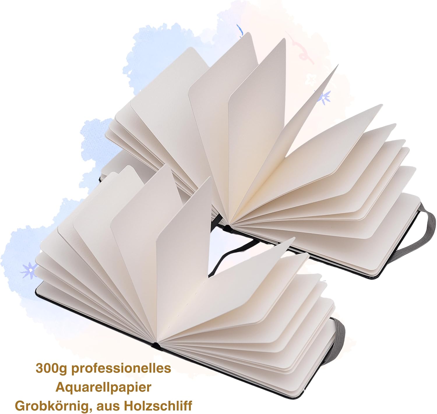 Aufgefächerte Seiten aus 300 g/m² Aquarellpapier