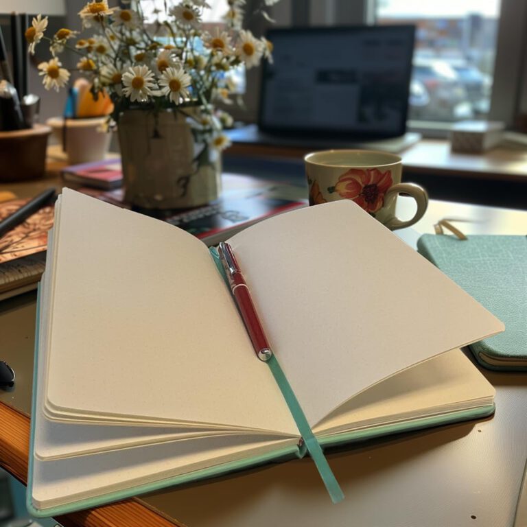Aufgeschlagenes Buch auf einem Schreibtisch