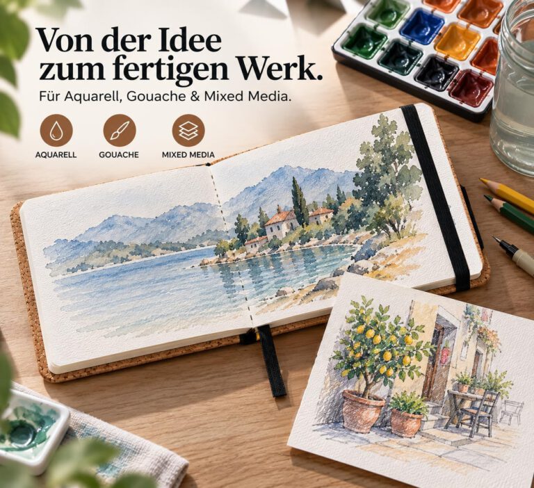 Aquarell einer Seelandschaft in einem Kork-Skizzenbuch